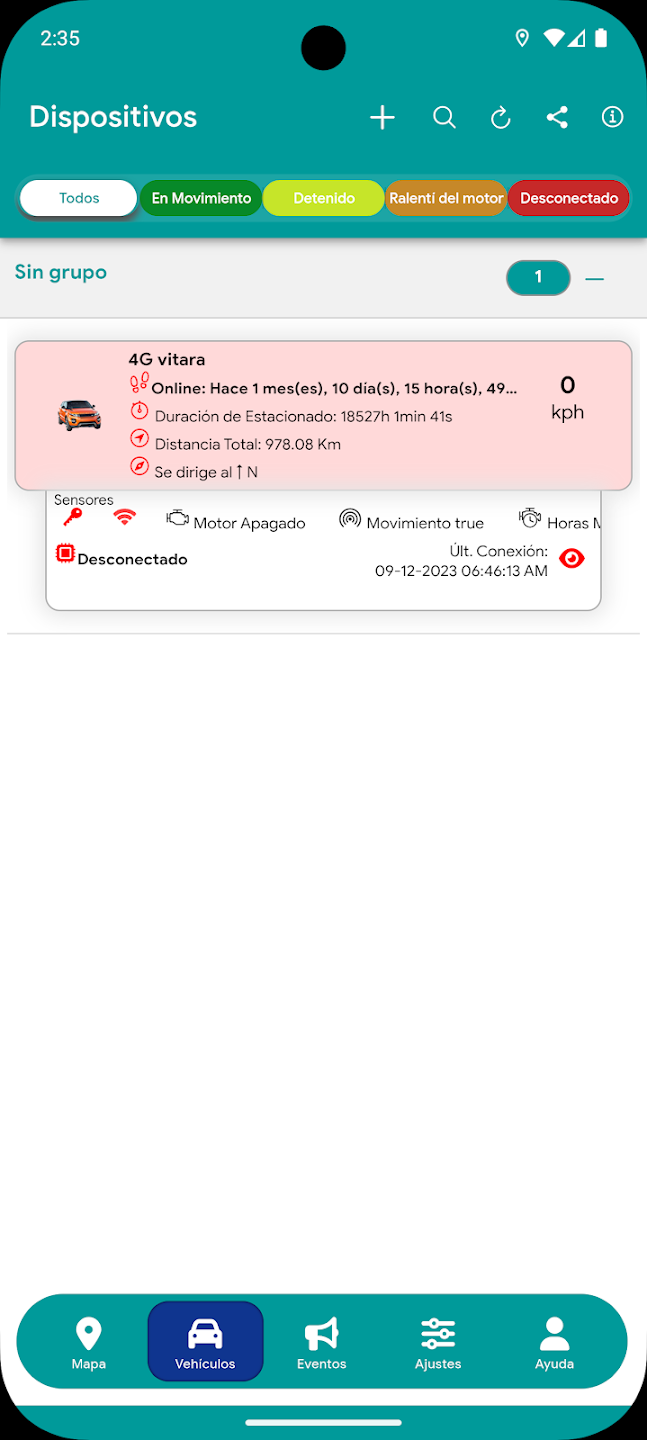 Pantalla de vehículos en Expert GPS